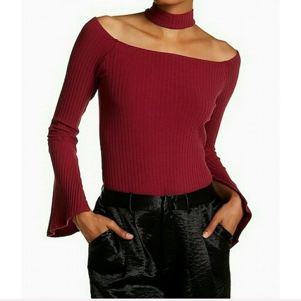 🎄💥 HARLOWE & GRAHAM Red Bell Sleeve Ribbed Choker Top NWT M
